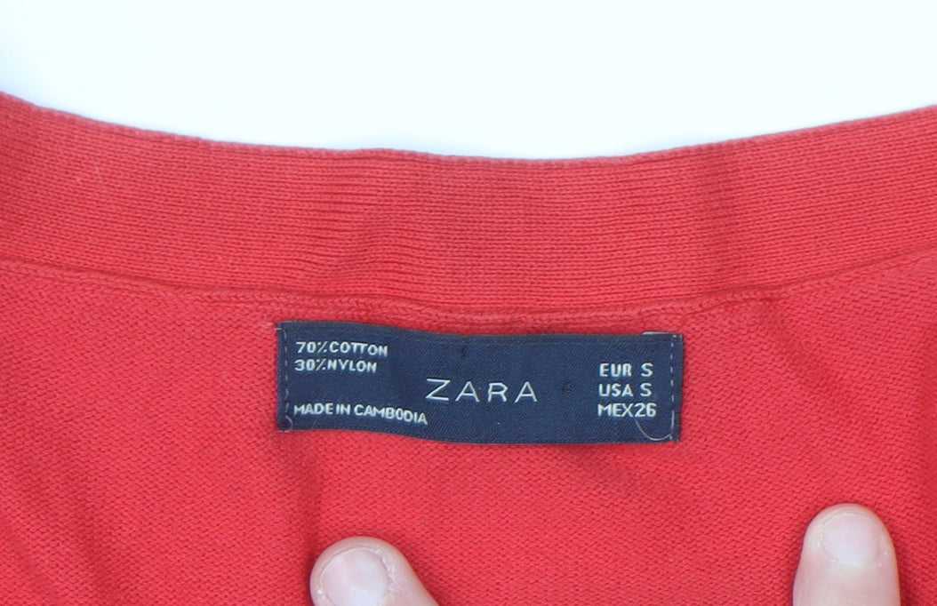 Zara Women Red V-Neck Long Sleeve Knit Cardigan Size S