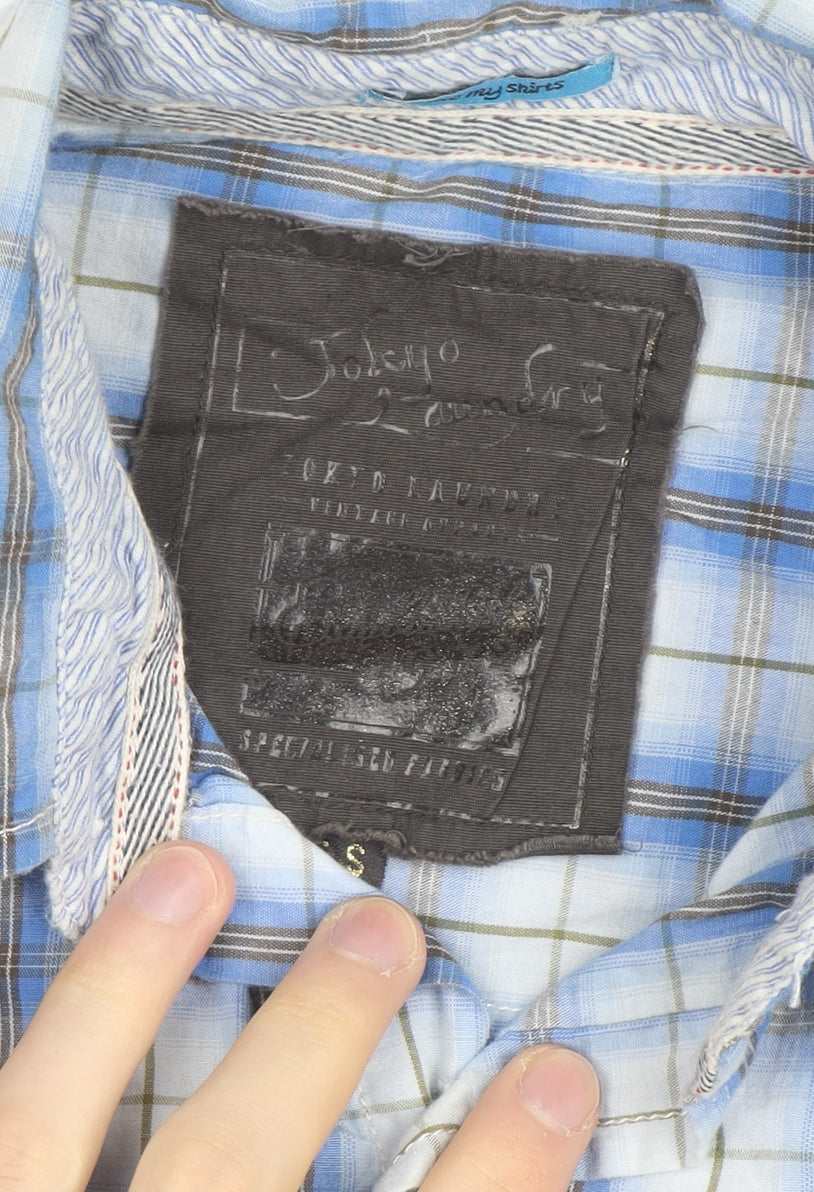 Tokyo Laundry Men's Blue Checked Long Sleeve Button-Up Shirt S