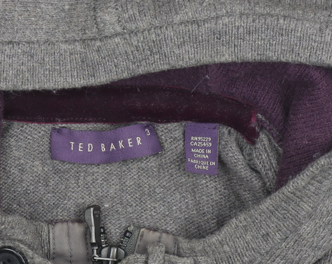 Ted Baker Women Grey Wool Blend Hooded Full Zip Jumper Size M