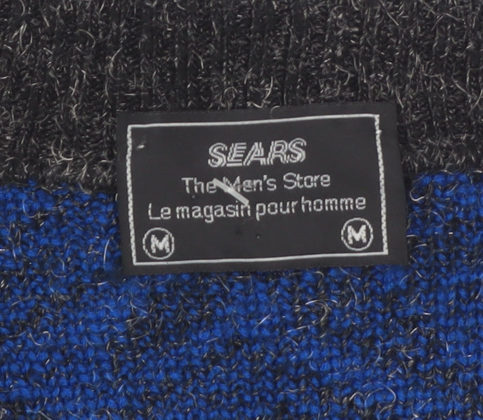 Sears Unisex Blue Geometric Wool Blend V-Neck Jumper M