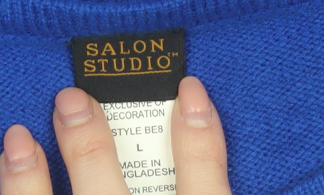 Salon Studio Women's Blue Beaded Crew Neck Long Sleeve Jumper Size L