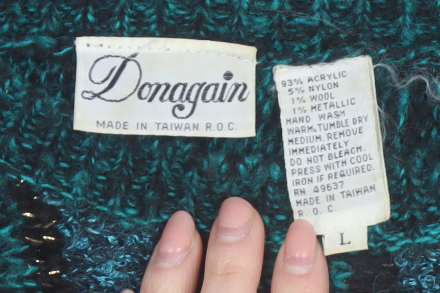 Donagain Women's Green Black L Pullover Jumper 80s Geometric Knit Acrylic Wool