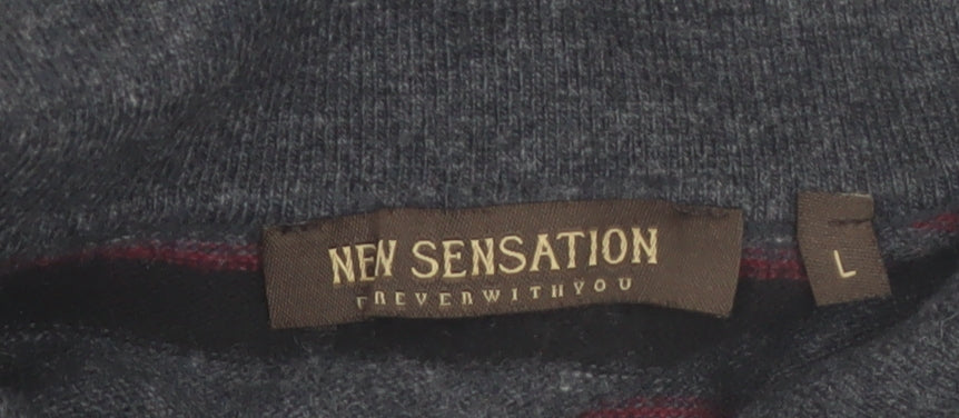 New Sensation Men's Grey Striped Wool Blend Collared Pullover Jumper L