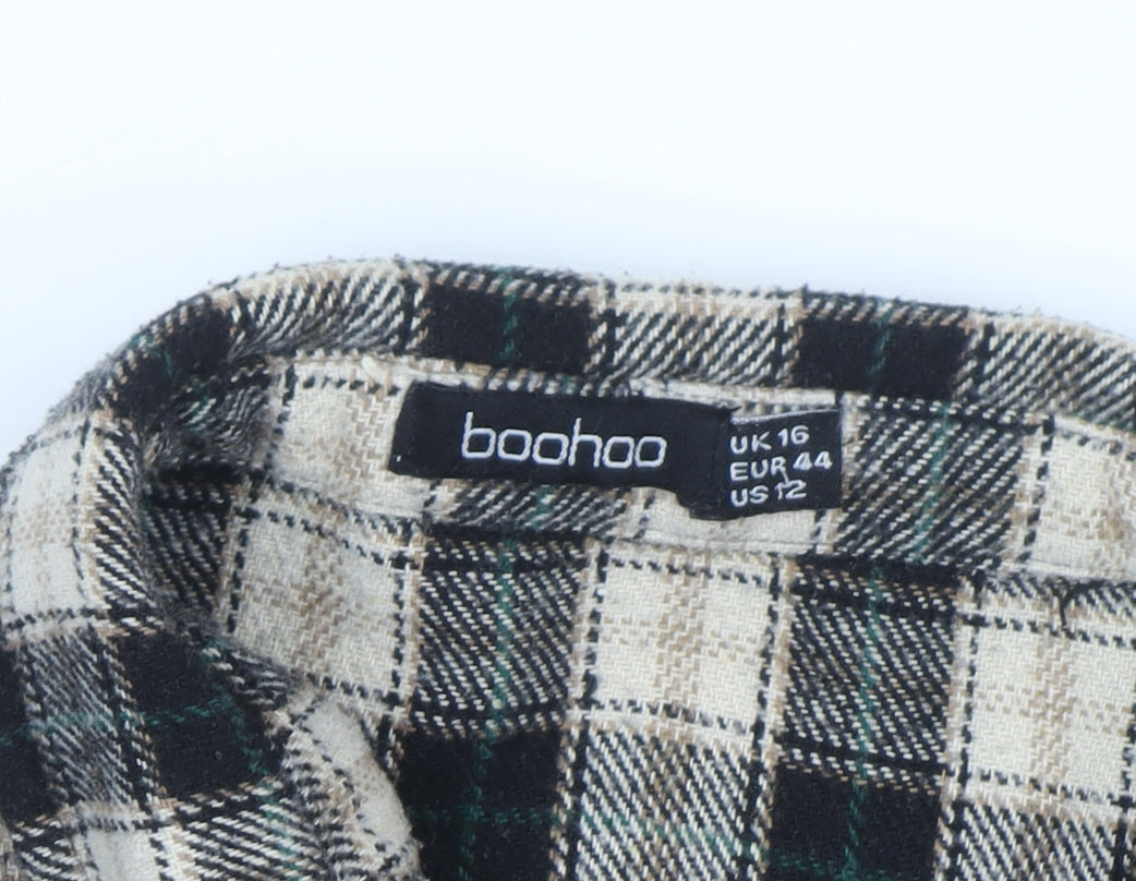 Boohoo Womens Beige Check Flannel Button-Up Shirt Size 16