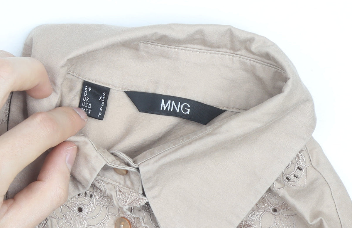 Mango Women's Beige Embroidered Button-Up Long Sleeve Shirt XS