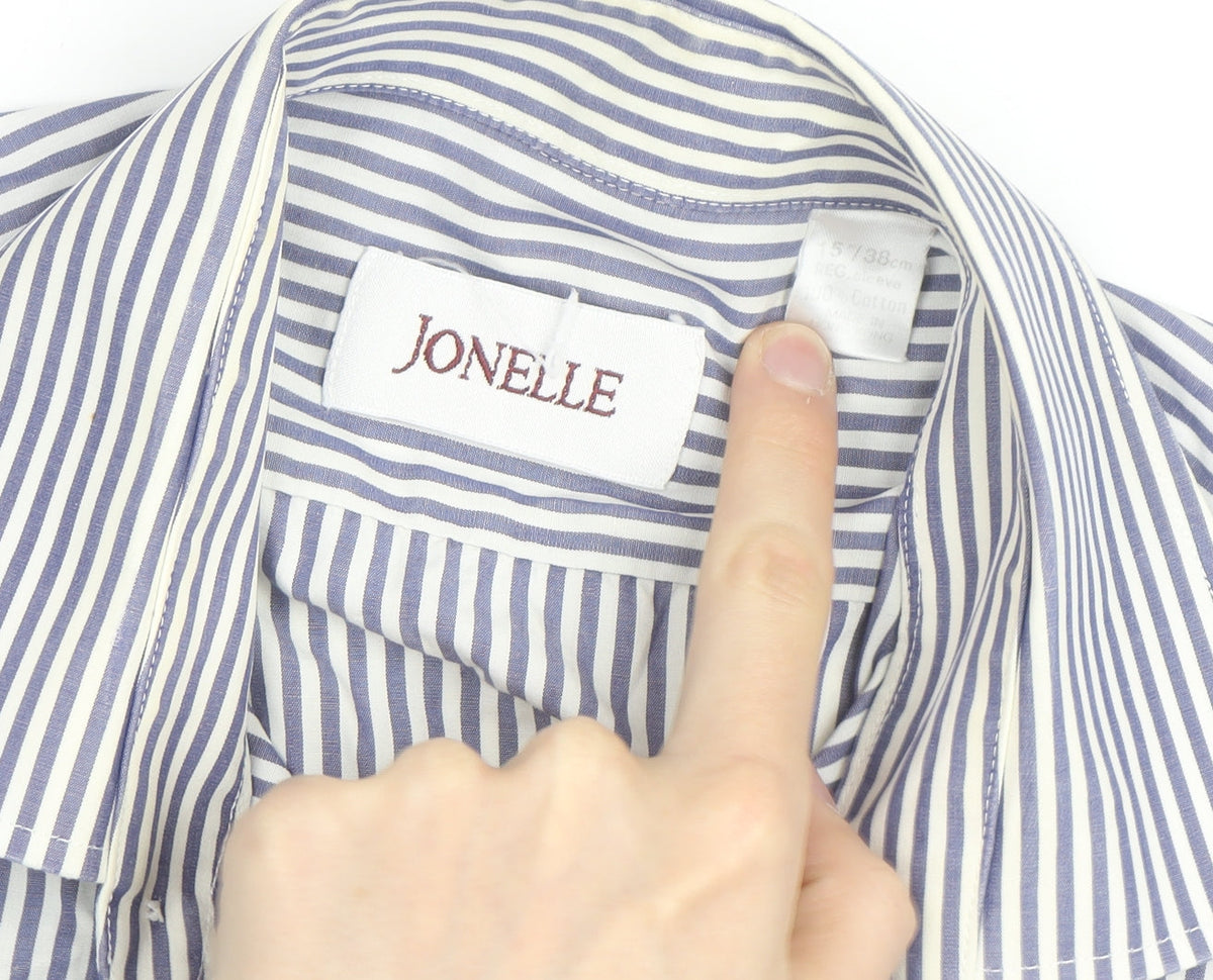 Jonelle Men's Blue Striped Cotton Long Sleeve Button-Up Shirt 15/38 Regular