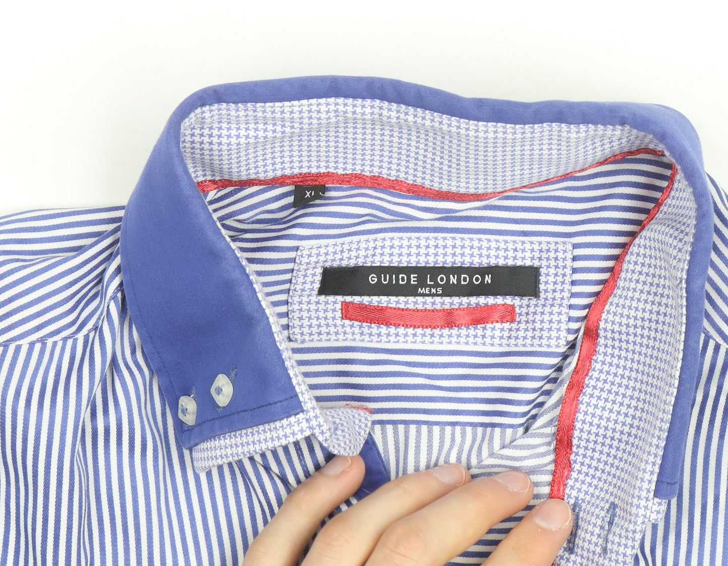 Guide London Men's Blue Striped Button-Down Cotton Blend Shirt XL