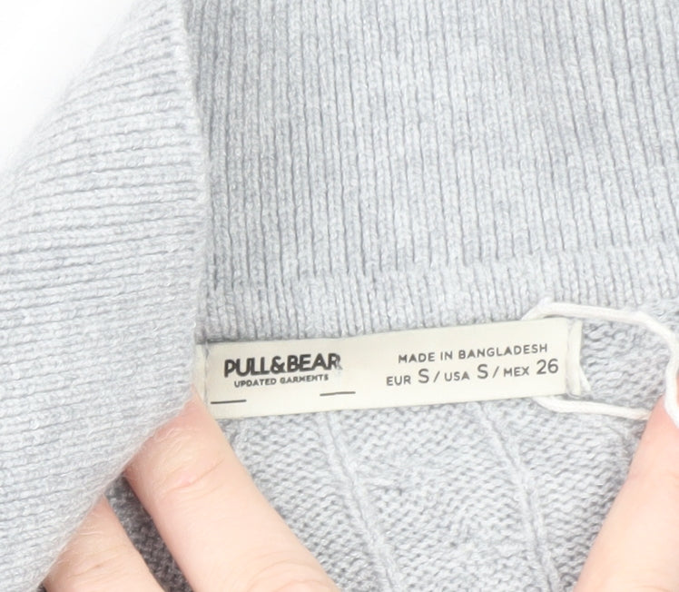 Pull&Bear Women's Grey Collared Cable Knit Short Sleeve Jumper S