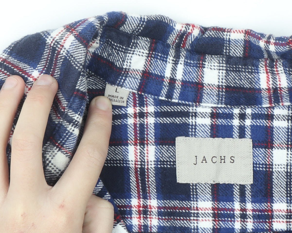 JACHS Men's Blue Plaid Flannel Button-Up Long Sleeve Shirt L