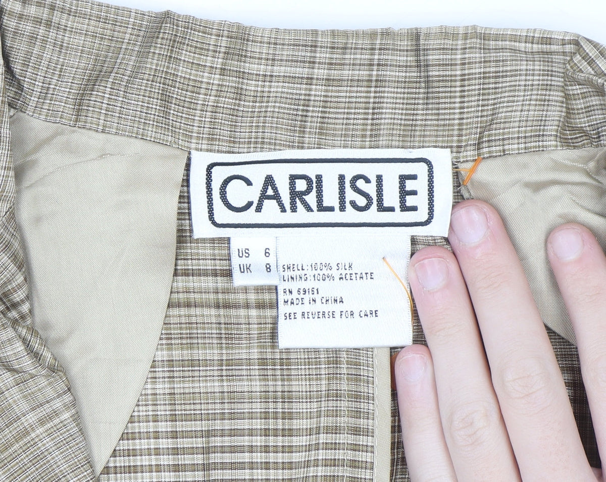 Carlisle Women Beige Checked Silk Two-Button Suit Jacket UK 8