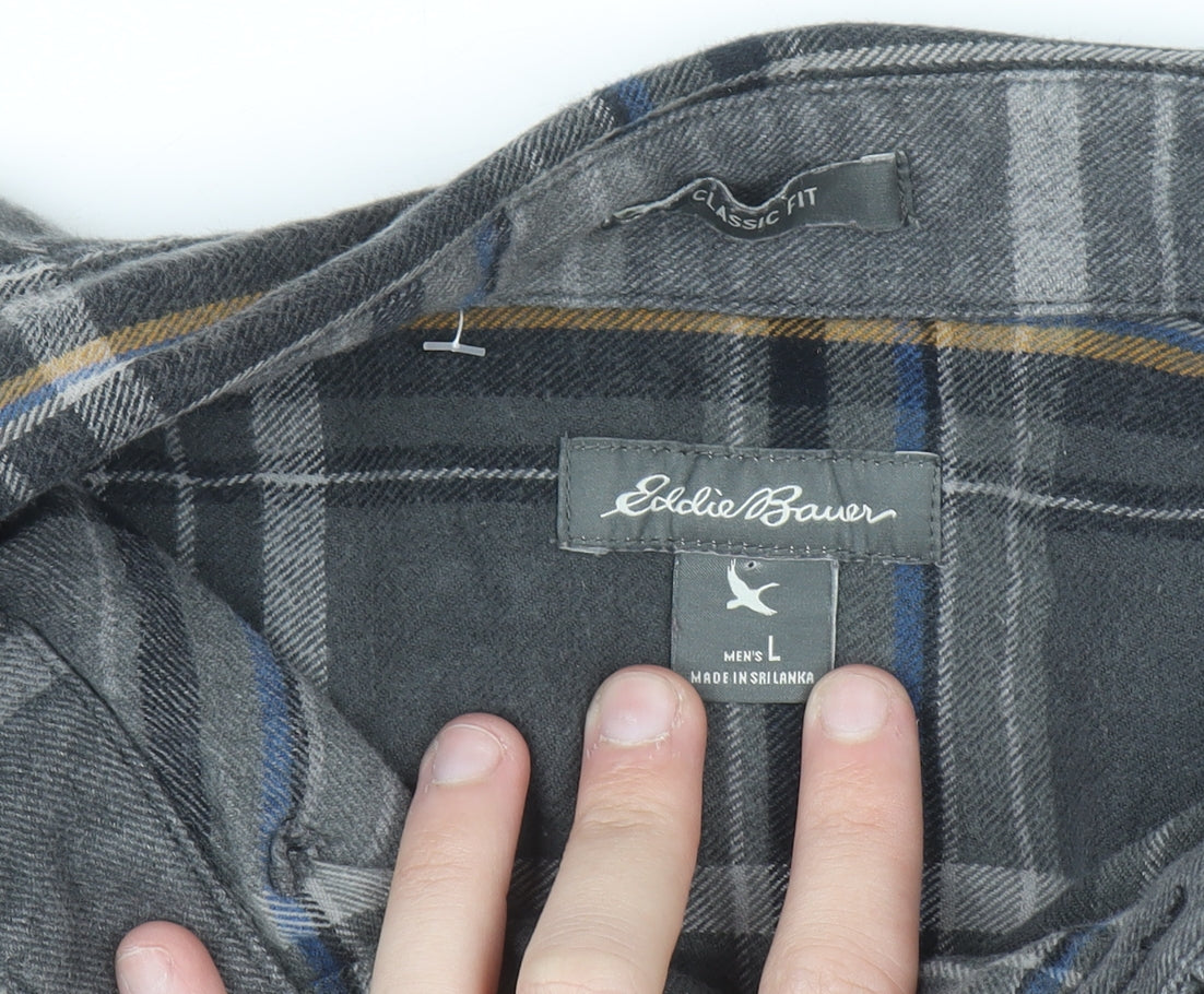 Eddie Bauer Men's Grey Checked Flannel Button-Up Shirt L Classic Fit