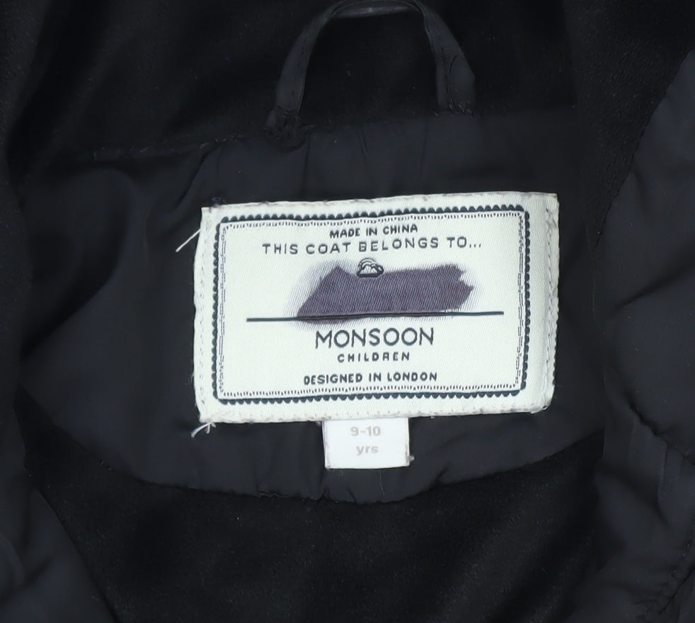 Monsoon Teens Black Quilted Hooded Belted Long Puffer Coat Size 10