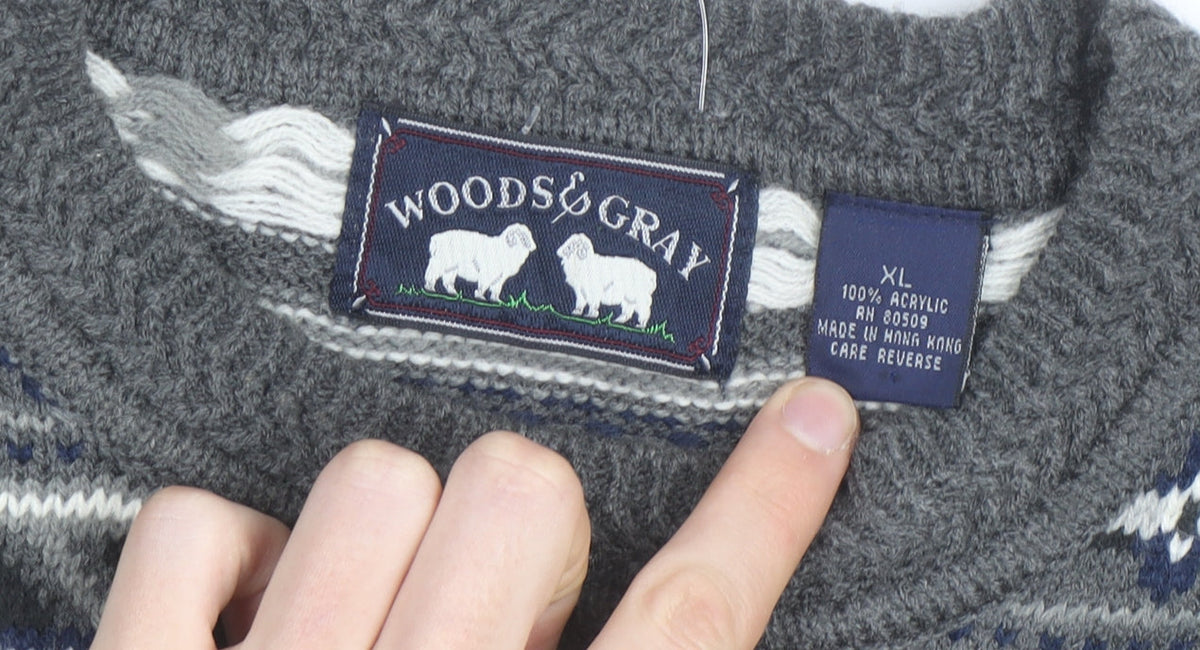 Woods & Gray Mens Grey Fair Isle Acrylic Jumper XL Crew Neck