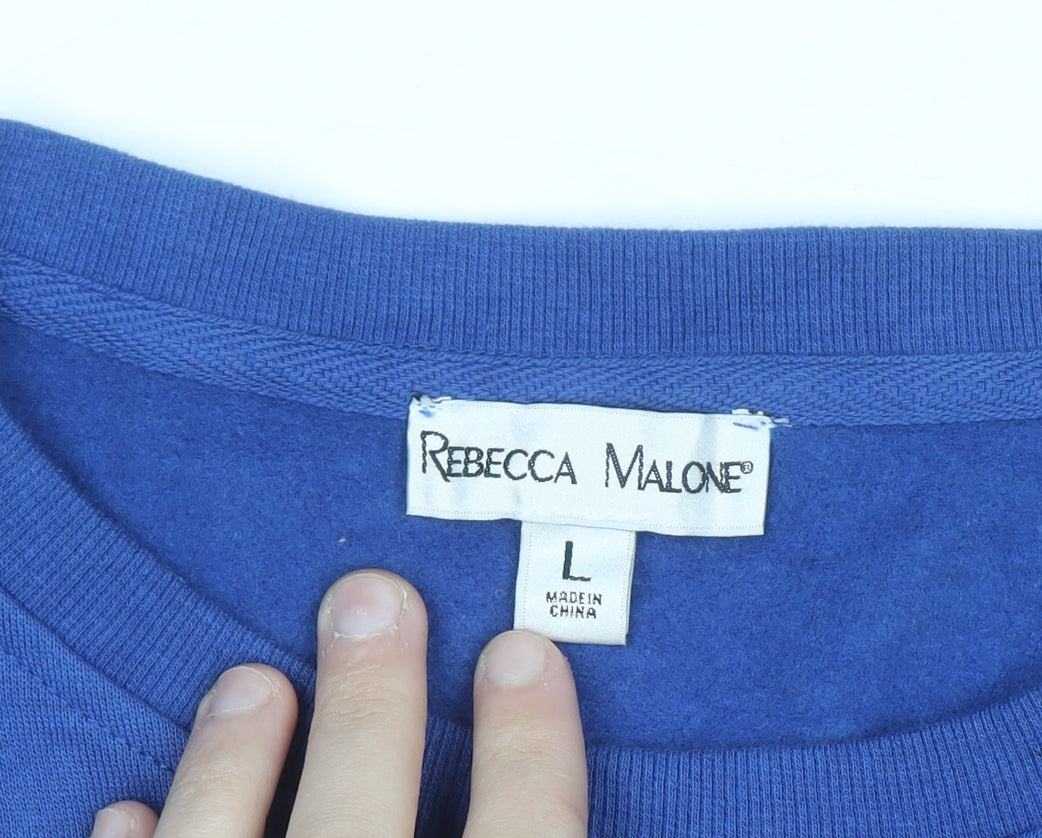 Rebecca Malone Women's Blue Pullover Sweatshirt L Cotton Blend Bird Motif