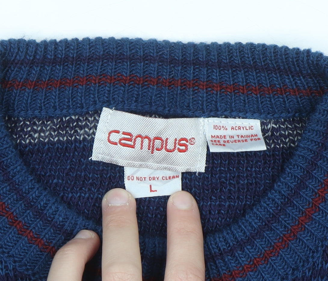 Campus Men's Blue Fair Isle Acrylic Knit Pullover Jumper L