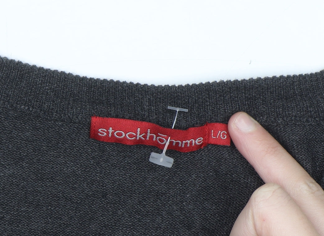 Stockhomme Men's Grey Argyle V-Neck Acrylic Jumper L