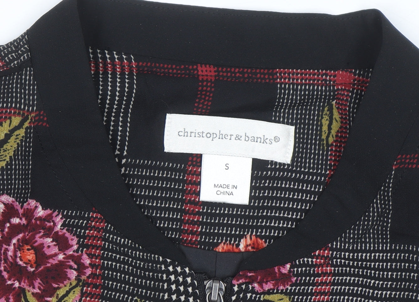 Christopher & Banks Women's Black Floral Check Bomber Jacket Size S