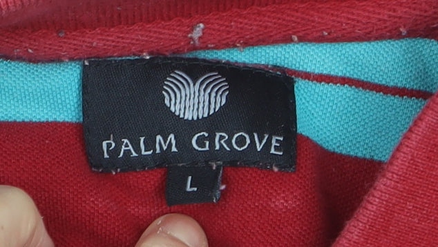 Palm Grove Men's Red Striped Collared Cotton Polo T-Shirt Size L
