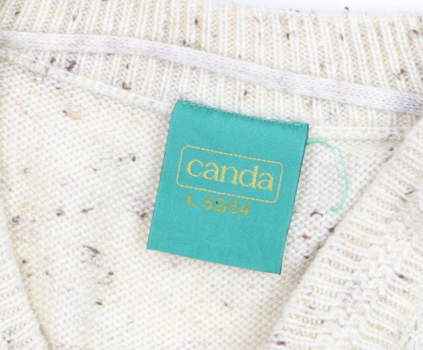 Canda Mens Beige Wool Blend Geometric V-Neck Jumper L