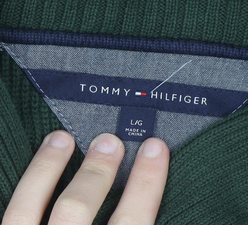 Tommy Hilfiger Men's Green Cotton Collared Pullover Jumper L