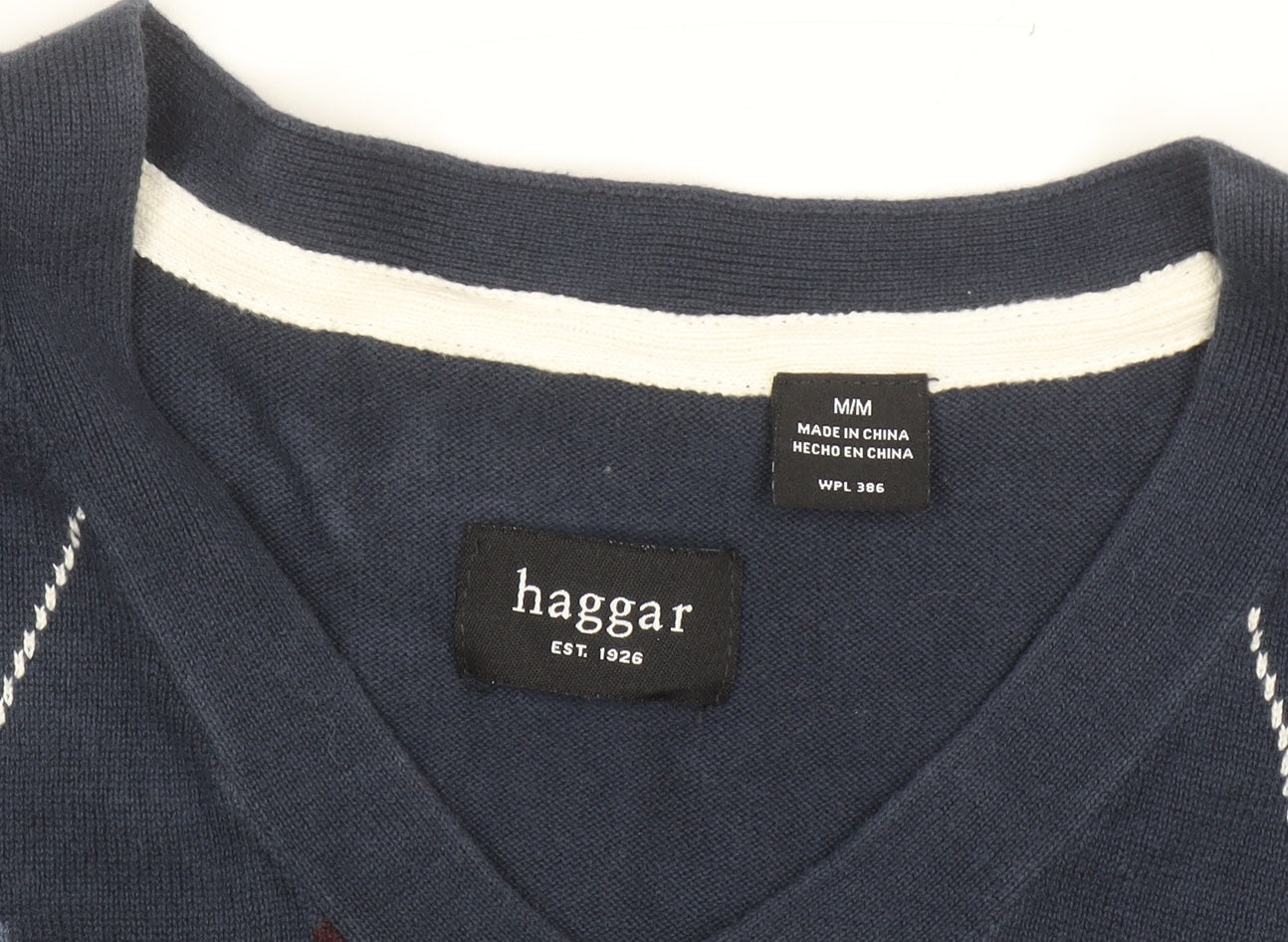 Haggar Men's Blue Argyle Knit Cotton Sleeveless V-Neck Vest M