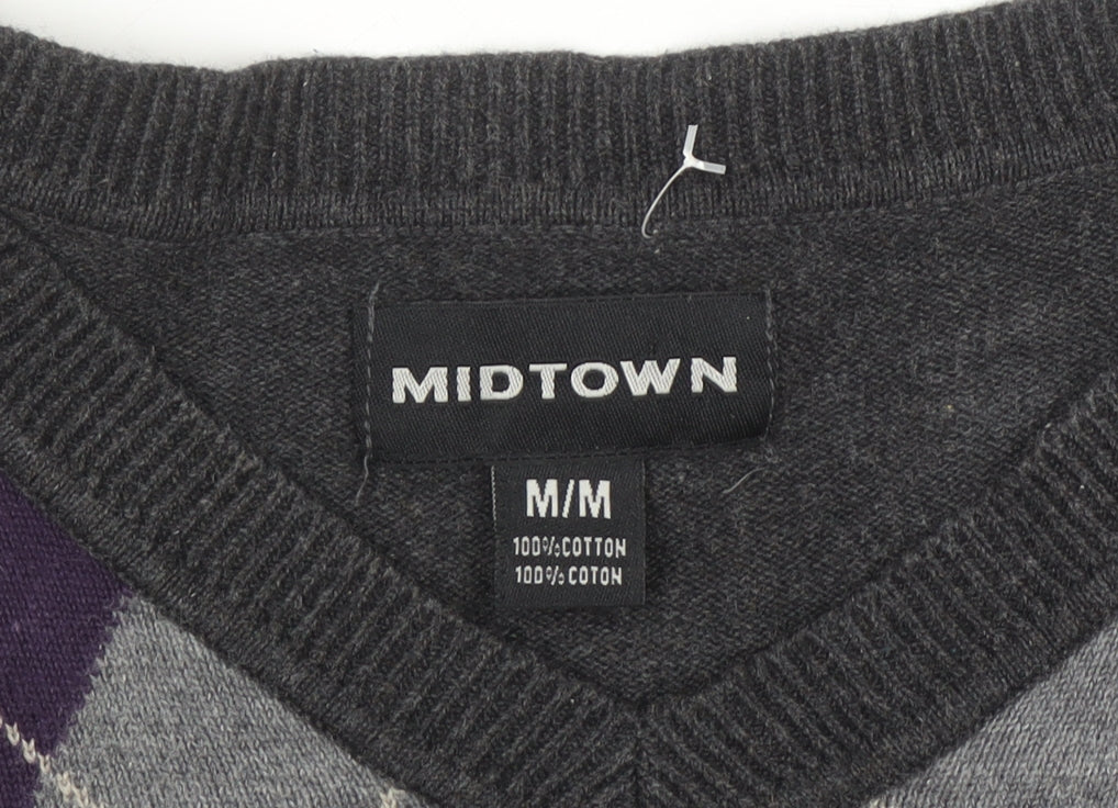 Midtown Men's Grey Argyle V-Neck Cotton Jumper Size M Classic Knit