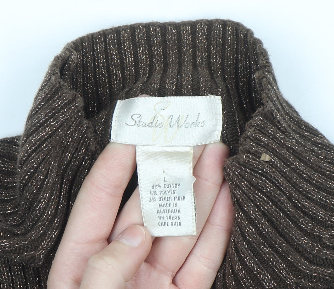 Studio Works Womens Brown Mock Neck Ribbed Cotton Jumper L