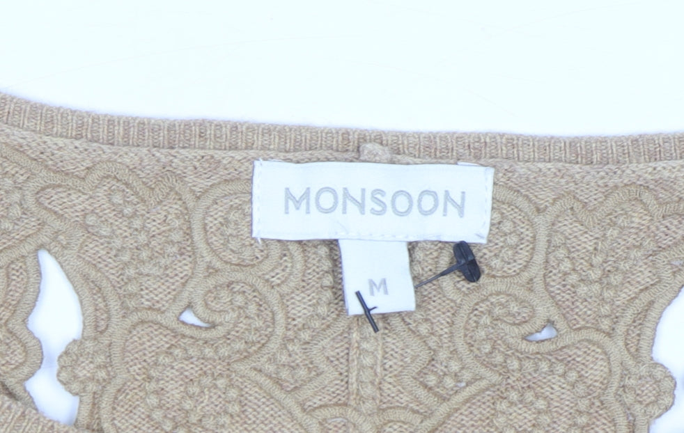 Monsoon Women Beige Embroidered Knit Jumper Medium 3/4 Sleeve