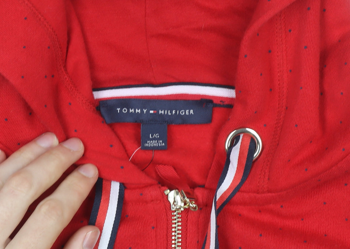 Tommy Hilfiger Girls Red Full Zip Hoodie L Logo Detail Cotton Blend