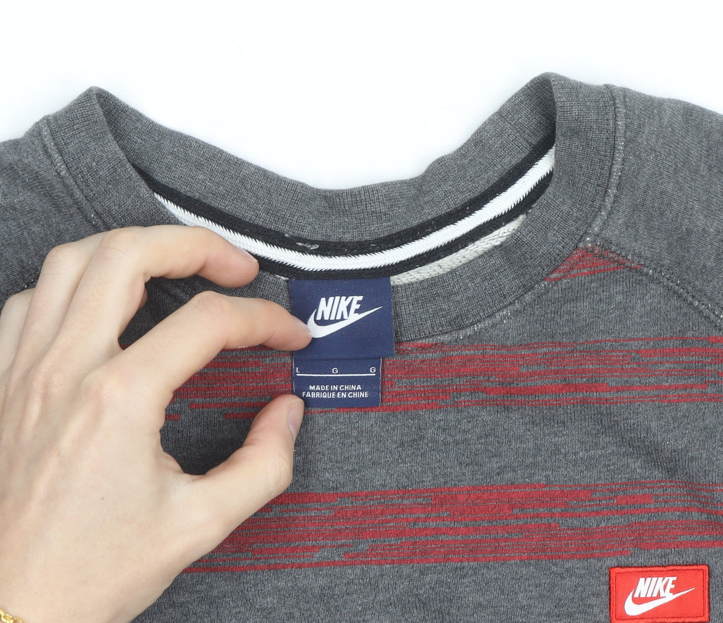Nike Mens Grey Red Striped Crew Neck Pullover Sweatshirt L