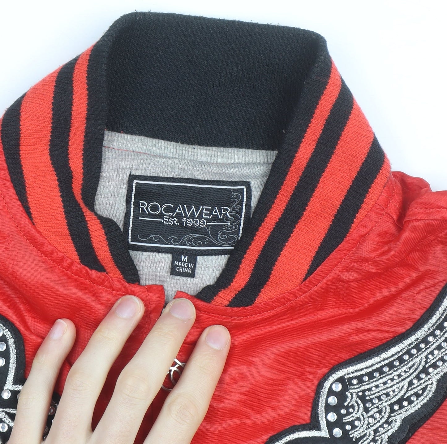 Rocawear Women's Red Bomber Jacket M Embroidered Studded Zip Satin