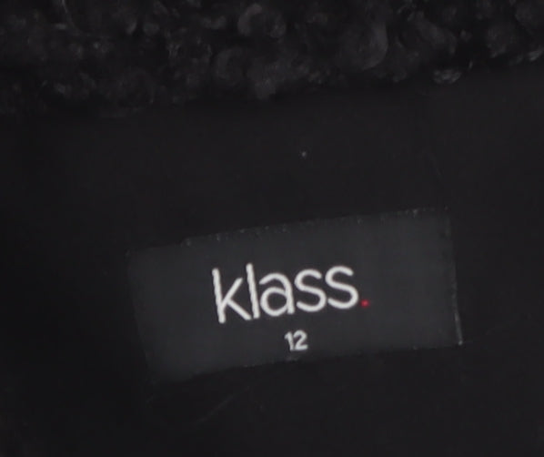 Klass Womens Black Long Belted Faux Fur Collar Overcoat Size 12