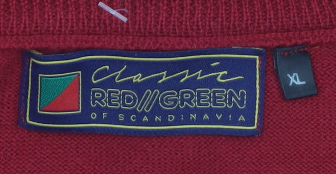Red/Green Men's Red Wool V-Neck Classic Pullover Jumper XL