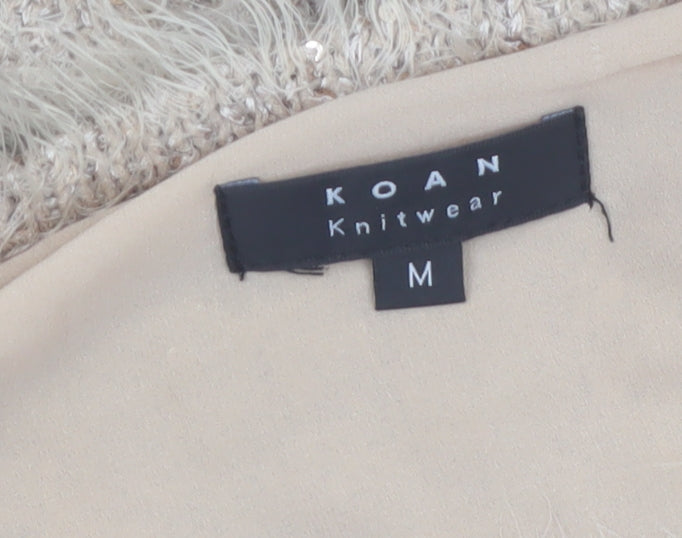 Koan Women Beige Sequin Fuzzy Knit Cardigan Jumper M