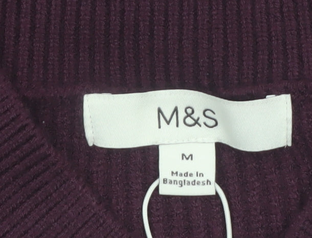 Marks & Spencer Womens Purple V-Neck Ribbed Knit Jumper M