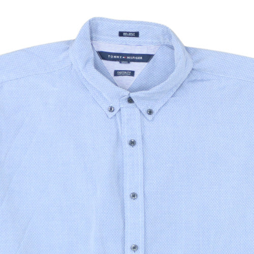 Tommy Hilfiger Men's Blue Button-Down Cotton Dress Shirt Custom Fit Size 40