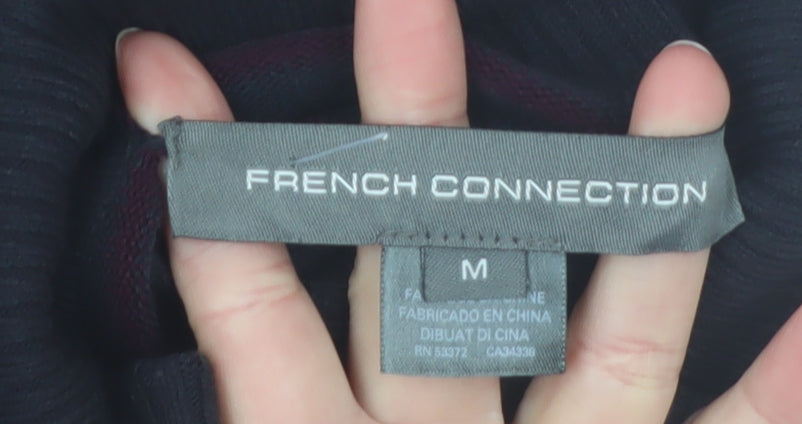 French Connection Men's Black Striped Roll Neck Slim Fit Jumper Size M