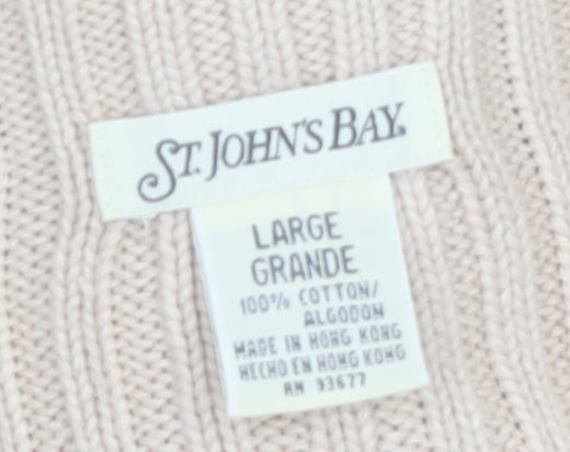 St. John's Bay Women Beige Striped Cotton Half Zip Jumper L
