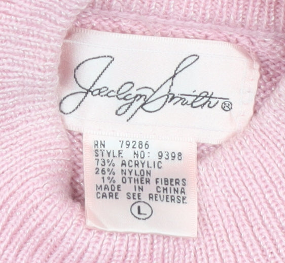 Jaclyn Smith Women's Pink Embroidered Mock Neck Knit Jumper L
