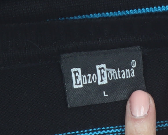 Enzo Fontana Men’s Black Striped Cotton Blend Crew Neck Jumper L