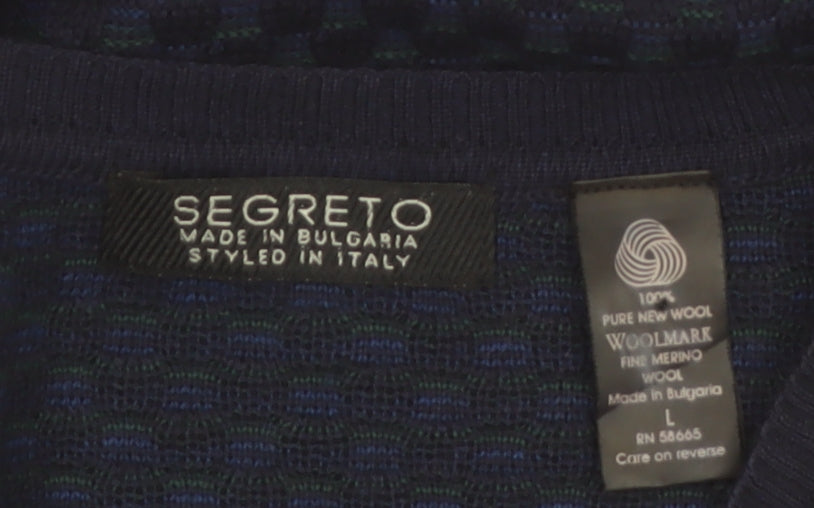 Segreto Men's Blue Wool V-Neck Pullover Jumper Size L