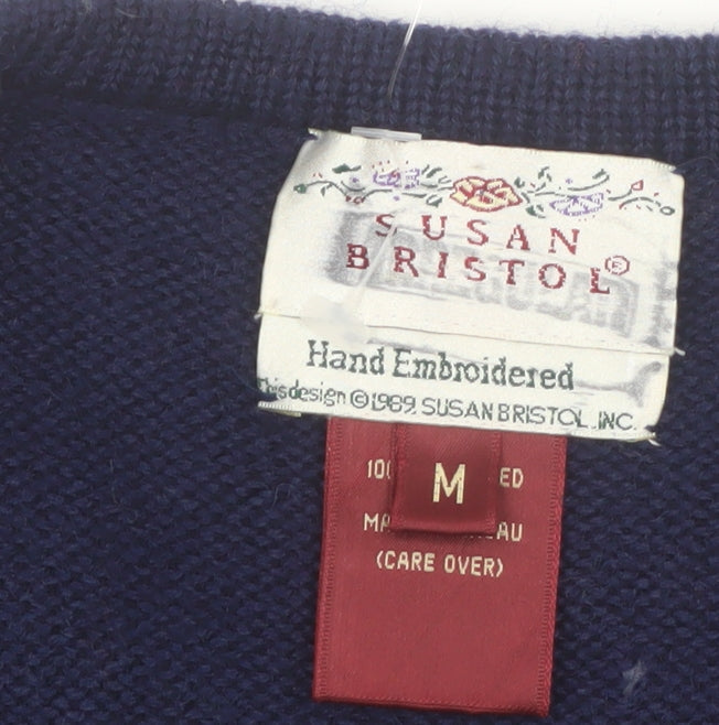 Susan Bristol Women's Blue M Hand Embroidered Wool Floral Cardigan