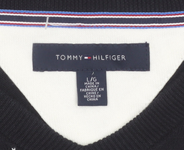 Tommy Hilfiger Men's Black Argyle V-Neck Cotton Jumper Size L