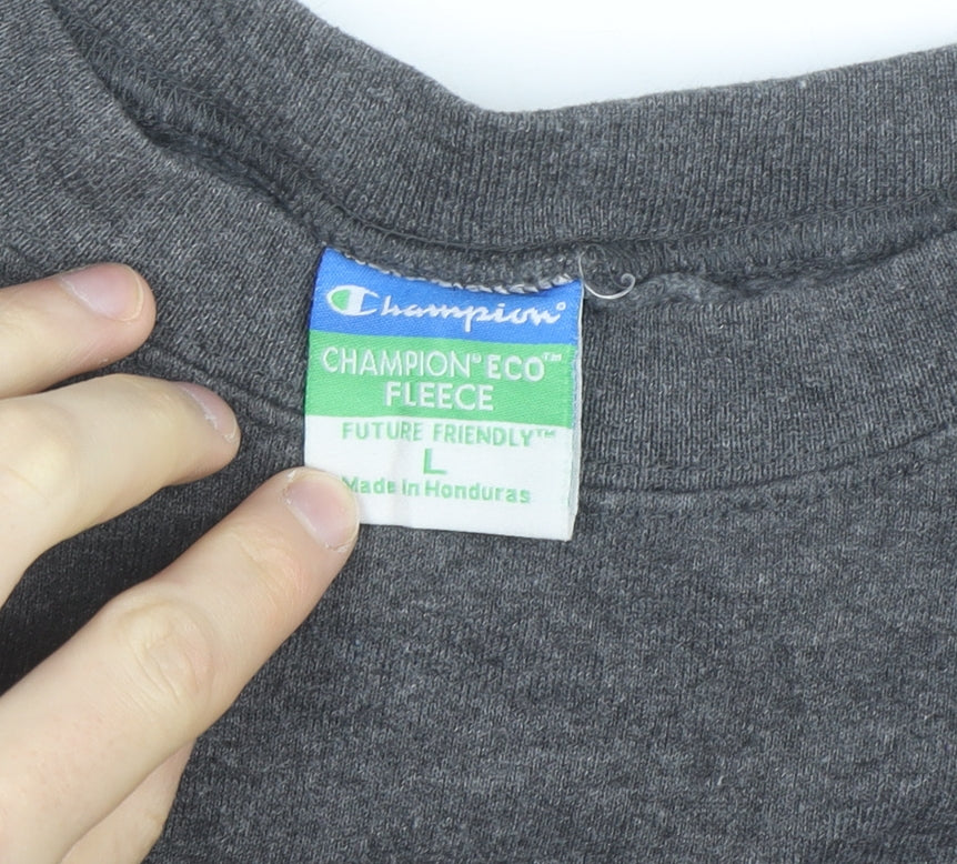 Champion Men's Grey Eco Fleece Pullover Sweatshirt L Logo Crew Neck