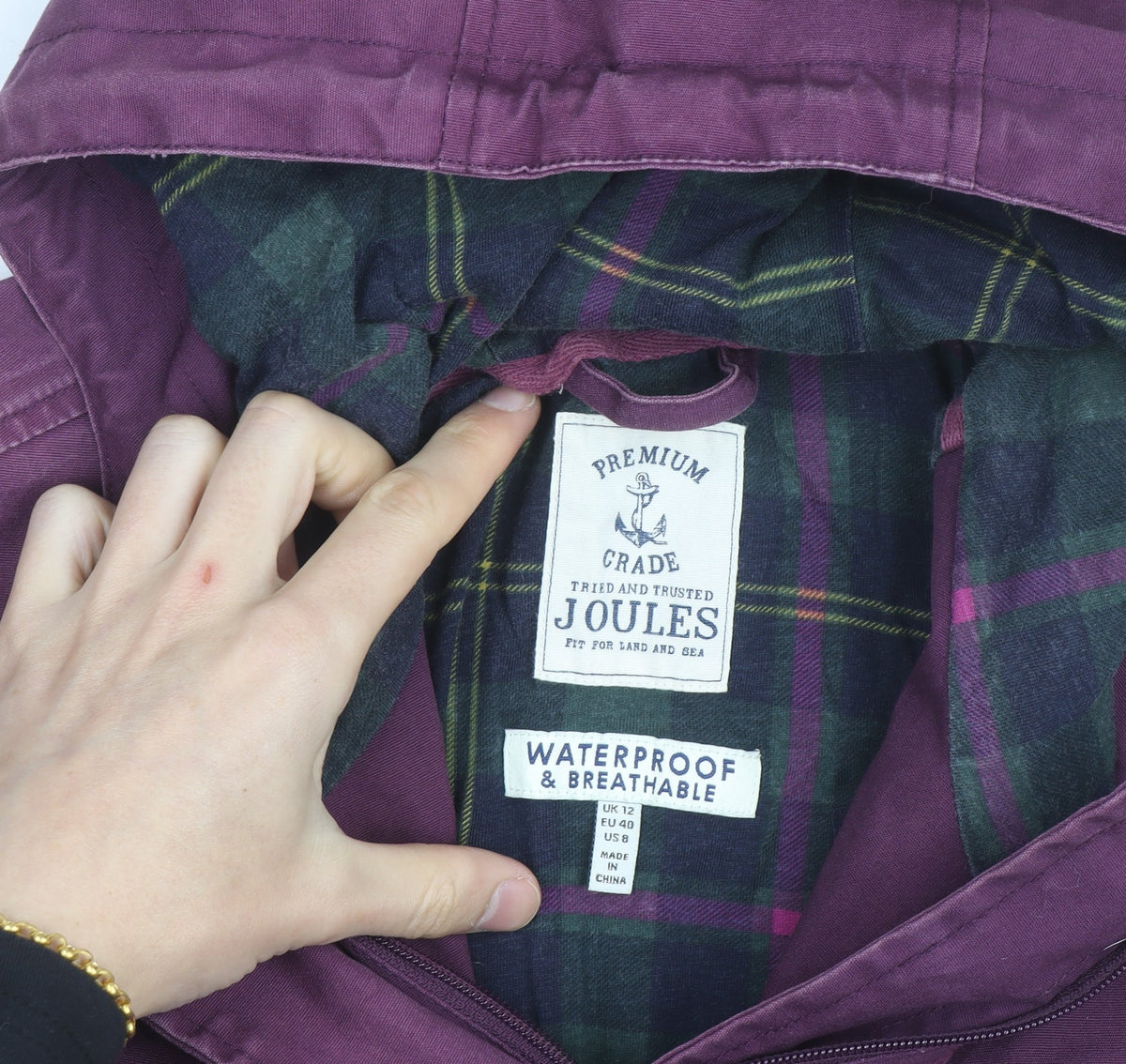 Joules Women's Purple Waterproof Hooded Cotton Parka Jacket Size 12