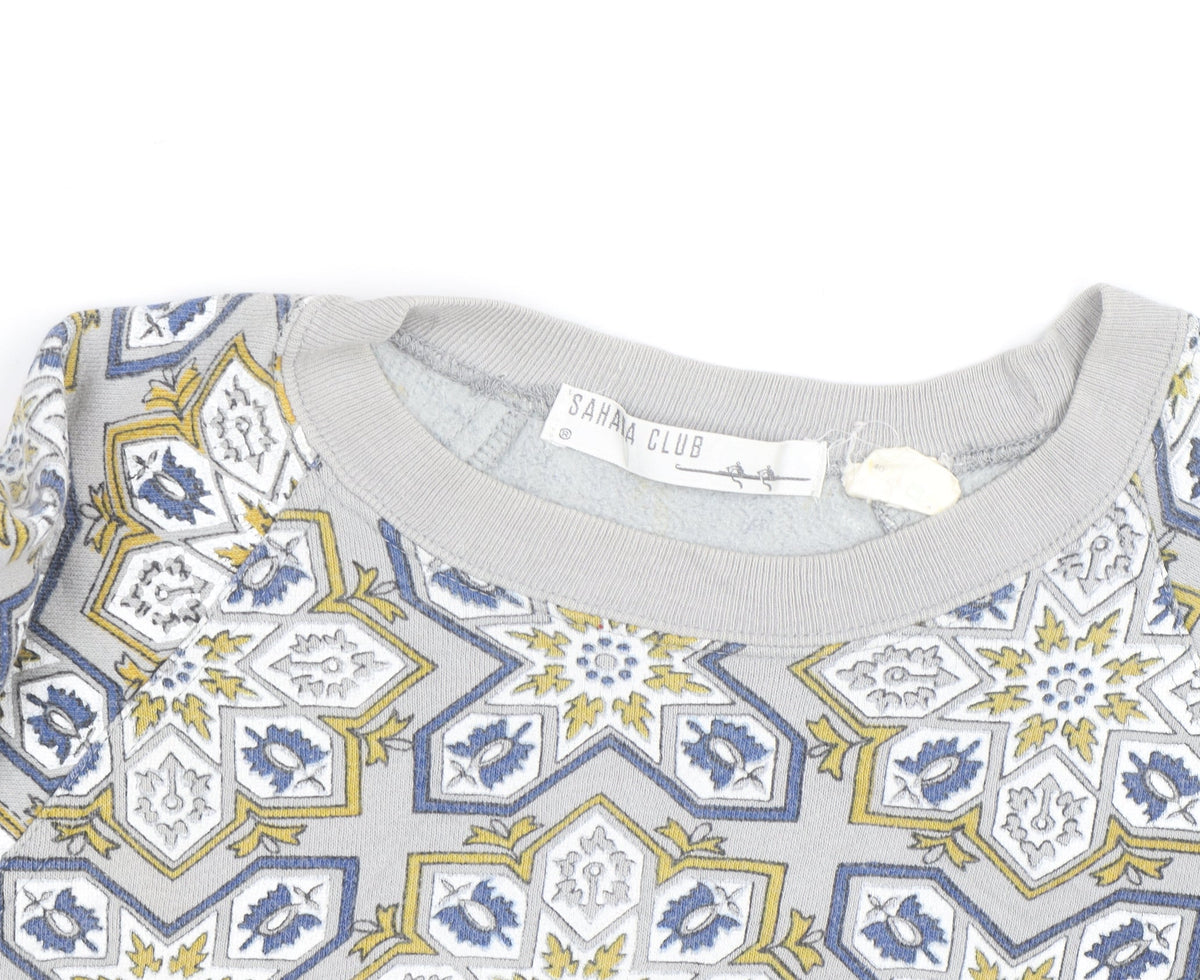 Sahaa Club Men's Grey Geometric Embroidered Pullover Sweatshirt M