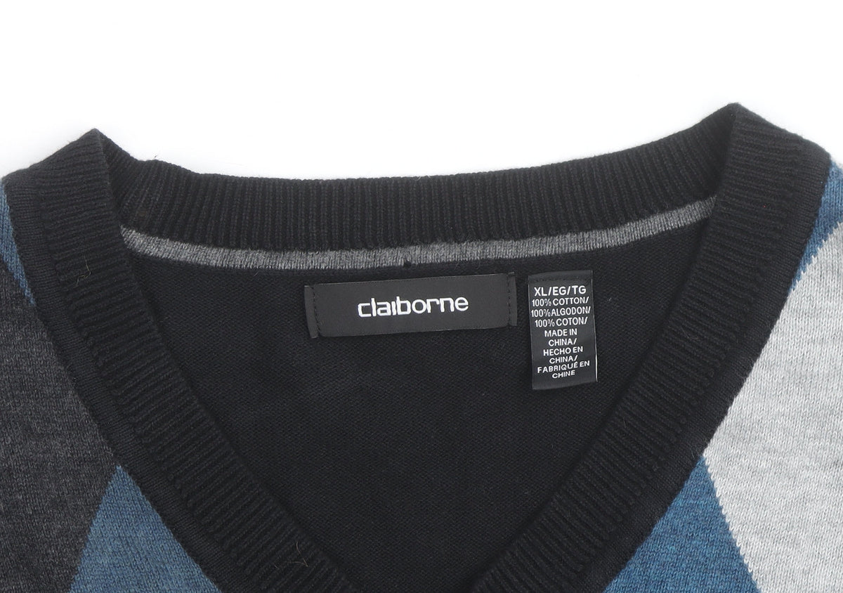 Claiborne Men's Black Argyle V-Neck Cotton Jumper XL