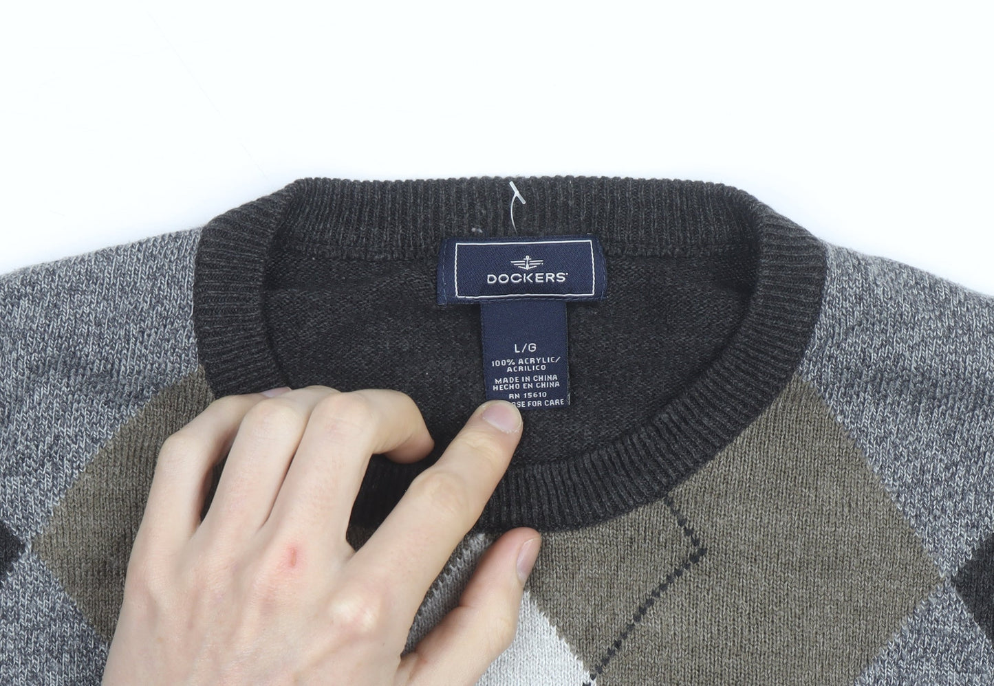 Dockers Men Grey Argyle Crew Neck Pullover Jumper Size L