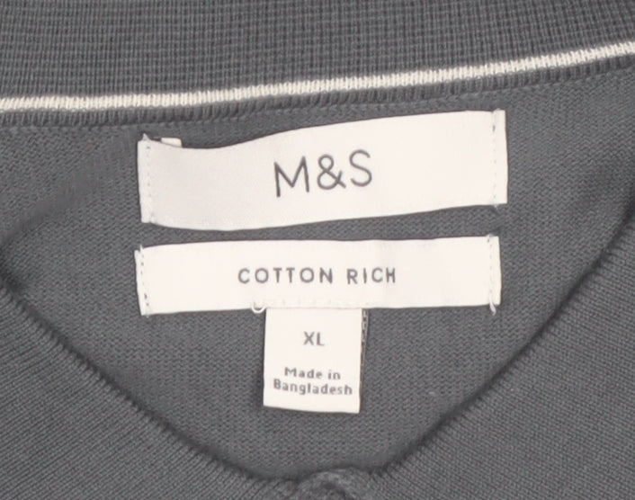 Marks & Spencer Men's Grey XL Collared Cotton Henley Jumper