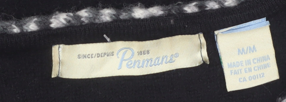Penmans Women Black Wool Cardigan M Long Sleeve Open Front Classic Trim